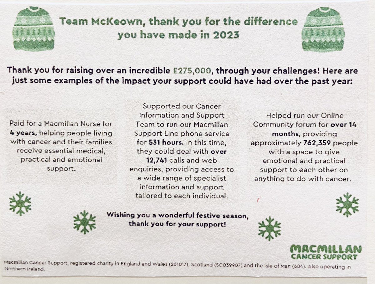 Merry Christmas and thank you to everyone connected with Team McKeown.

What our little team of volunteer fundraisers achieve for <a href="/macmillancancer/">Macmillan Cancer Support</a> is quite something.

Here’s what our efforts mean in real terms.

💚💚💚