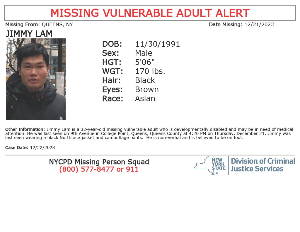 #MissingVulnerableAdult Jimmy Lam, M/A/32, Queens, NY. Seen? Call 9-1-1. Multilingual & ASL Link: on.nyc.gov/1UYt0TX.