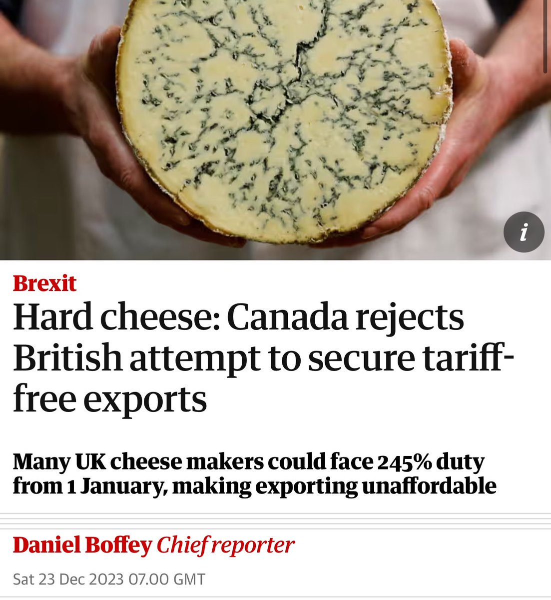Hard Cheese! Canada 🇨🇦 rejects British attempt to secure tariff-free exports in #Brexit negotiations Darren Larvin, MD of @coombecastle, based in Wiltshire, said exports to Canada accounted for a third of his turnover. Coombe Castle, which received the King’s award for…