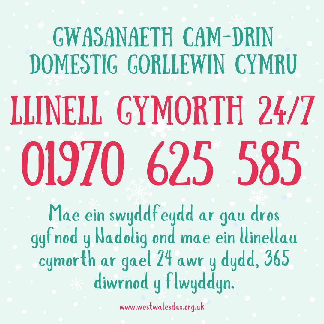 Our offices are closed over the Christmas period but our helplines are open 24/7/365.

We're here to support you over the festive period. 

Call us on 01970 625 585

#ceredigion #domesticabuse #vawdasv