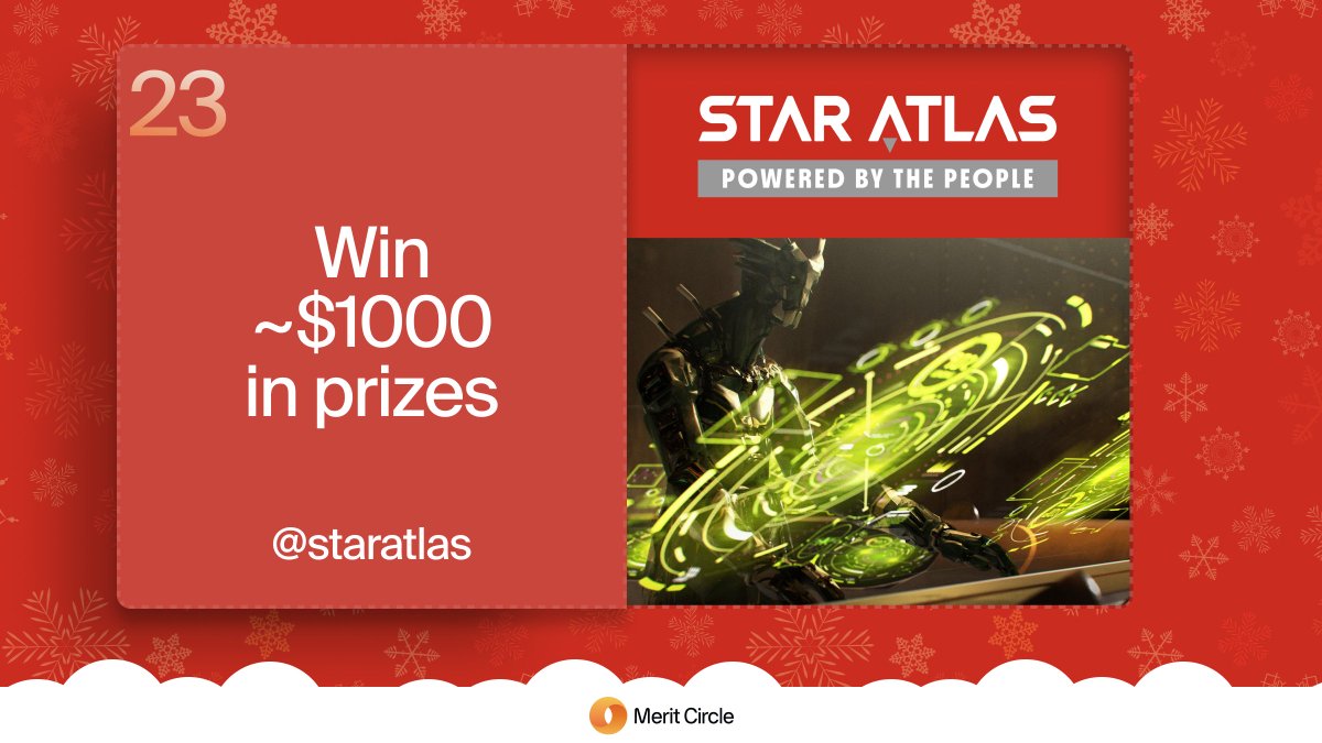 🟠MC Advent Calendar Day 23: Star Atlas🎁

Holiday magic in every click!🏆🎄

Today's challenge:
1⃣ Follow @MeritCircle_IO &amp; <a href="/staratlas/">Star Atlas</a>!  
2⃣ RT this post
3⃣ Complete the quests: hub.onbeam.com/advent

For a chance to win $1000+ in prizes! 🎅
28 total winners!🥇