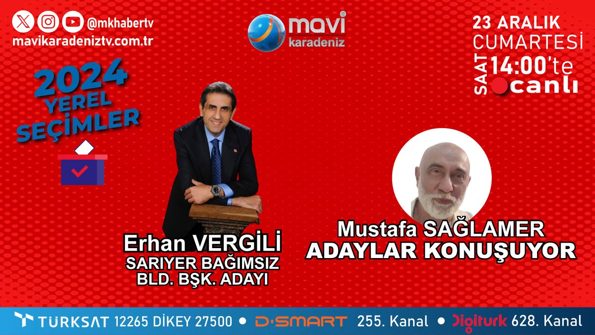 🔴CANLI YAYIN   Mustafa Sağlamer ile Adaylar Konuşuyor bugün  saat 14.00’te @mkhabertv ekranlarında!

Programa bu hafta Sarıyer Bağımsız Belediye Başkan Adayı Erhan Vergili @erhanvergili1 konuk oluyor.

#yerelseçim