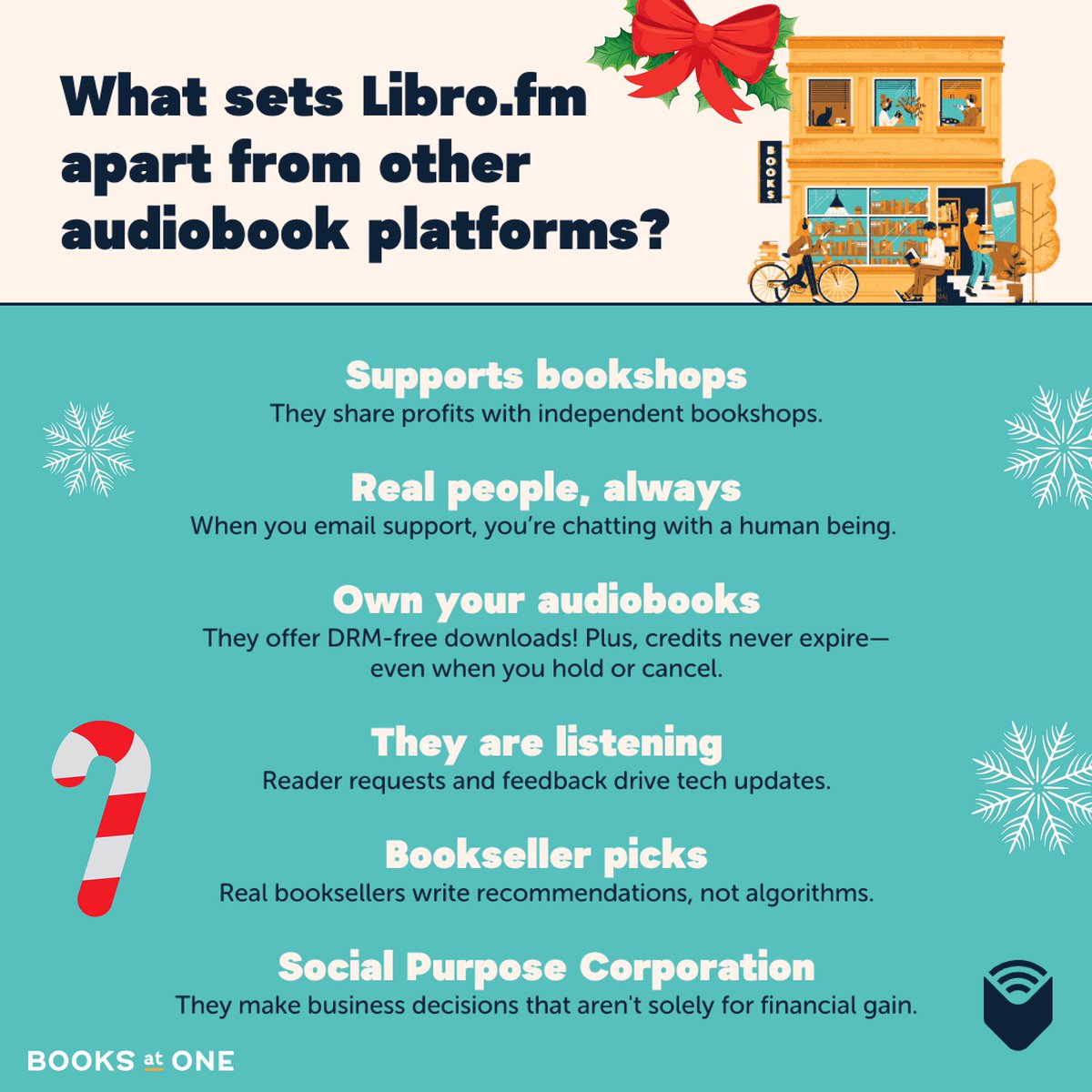Why should you buy from Libro.fm instead of other audiobook platforms? Easy! Libro supports independent bookshops, readers have a real say, and they are a social purpose corporation ⭐️🙌 Support Books at One with your Libro.fm purchases🎄📚