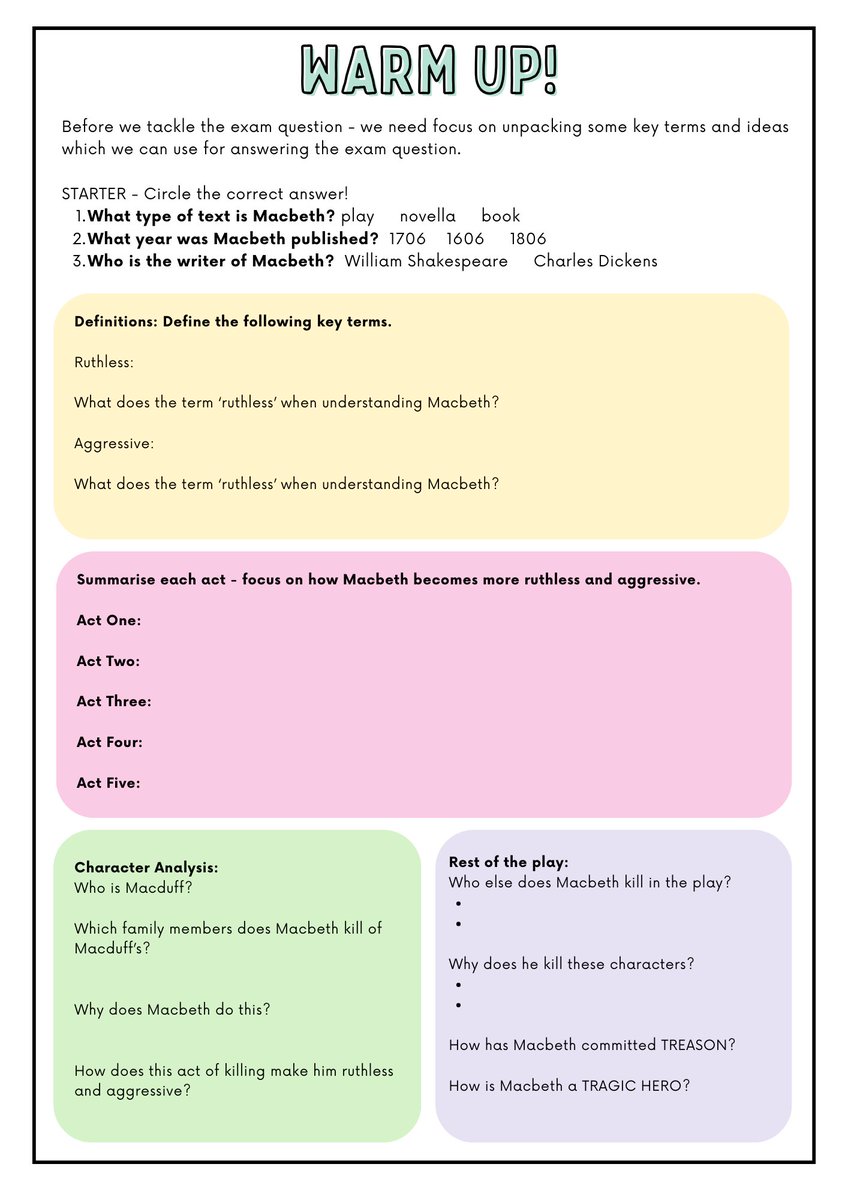 mrs_chudasama's tweet photo. ❣️NEW RESOURCE ALERT❣️

Macbeth #Exam Practice: Ruthless  https://t.co/BBLaND6tEY

Get this 7⃣ page mini-assessment booklet!

🩸 Scaffolded Plan
🩸 PEEZL structure (with sentence starters)
🩸 Warm up activities
🩸Language Analysis 
🩸 Self assessment @AQAEnglish AOs

#TeamEnglish https://t.co/Nc13mBqY3f