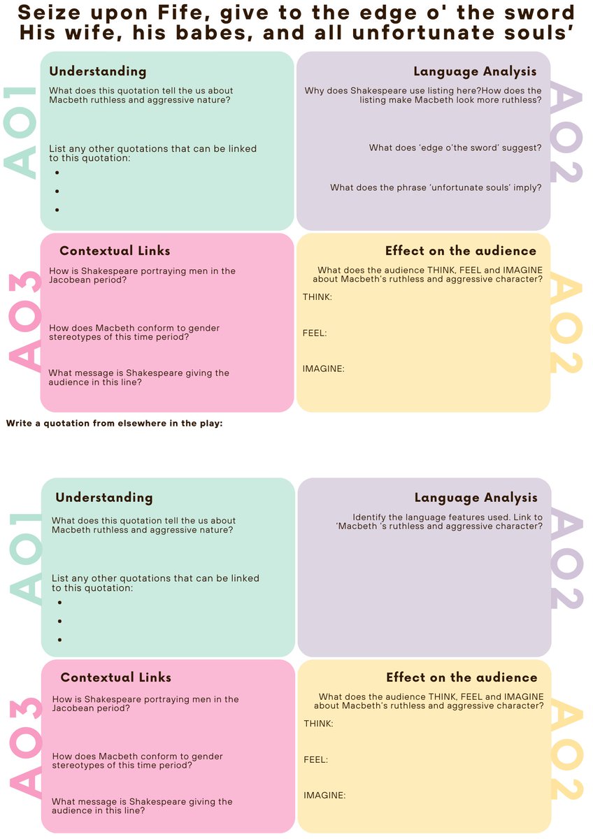mrs_chudasama's tweet photo. ❣️NEW RESOURCE ALERT❣️

Macbeth #Exam Practice: Ruthless  https://t.co/BBLaND6tEY

Get this 7⃣ page mini-assessment booklet!

🩸 Scaffolded Plan
🩸 PEEZL structure (with sentence starters)
🩸 Warm up activities
🩸Language Analysis 
🩸 Self assessment @AQAEnglish AOs

#TeamEnglish https://t.co/Nc13mBqY3f