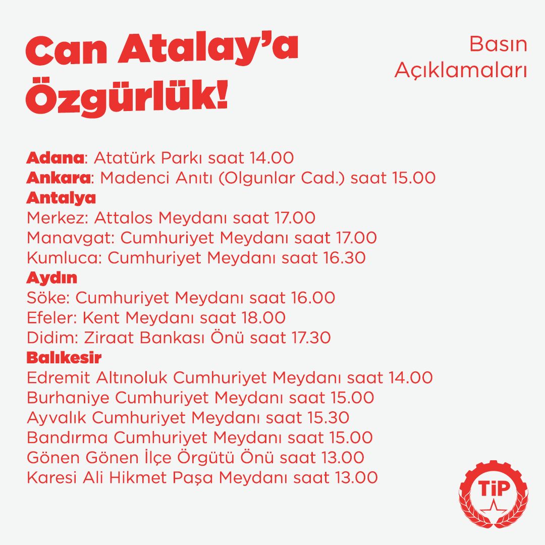 tipgenelmerkezz's tweet photo. Anayasaya dönük yargı darbelerine karşı adalet için, Hatay halkının vekiline özgürlük için Türkiye'nin dört bir yanında sokaklarda, meydanlardayız!

Basın açıklamaları programımız:
#CanAtalayaÖzgürlük https://t.co/0cx04jzf3t