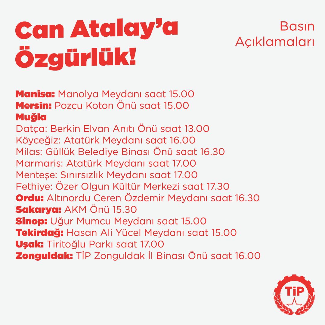 Anayasaya dönük yargı darbelerine karşı adalet için, Hatay halkının vekiline özgürlük için Türkiye'nin dört bir yanında sokaklarda, meydanlardayız!

Basın açıklamaları programımız:
#CanAtalayaÖzgürlük