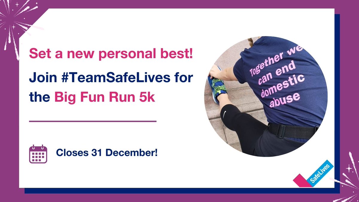 Closes soon! Take on a fabulous charity challenge in 2024 with the Big Fun Run. You can complete your 5k anywhere you like, on a date that suits you! Sign up for a free place to help raise vital funds for SafeLives. Closes 31st December: bigfunrun.com/charity/safeli…