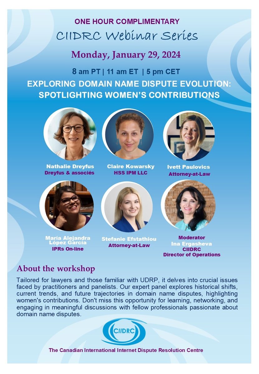 ciidrc's tweet photo. Webinar Alert! "Exploring Domain Name  Disputes Evolution: Spotlighting Women's Contributions". Join us for an  insightful webinar shedding light on the evolution of domain name  disputes. Celebrate women's role in this field with CIIDRC. 
Register today! https://t.co/q6YbR3p5RI https://t.co/BHzaMGNUNc