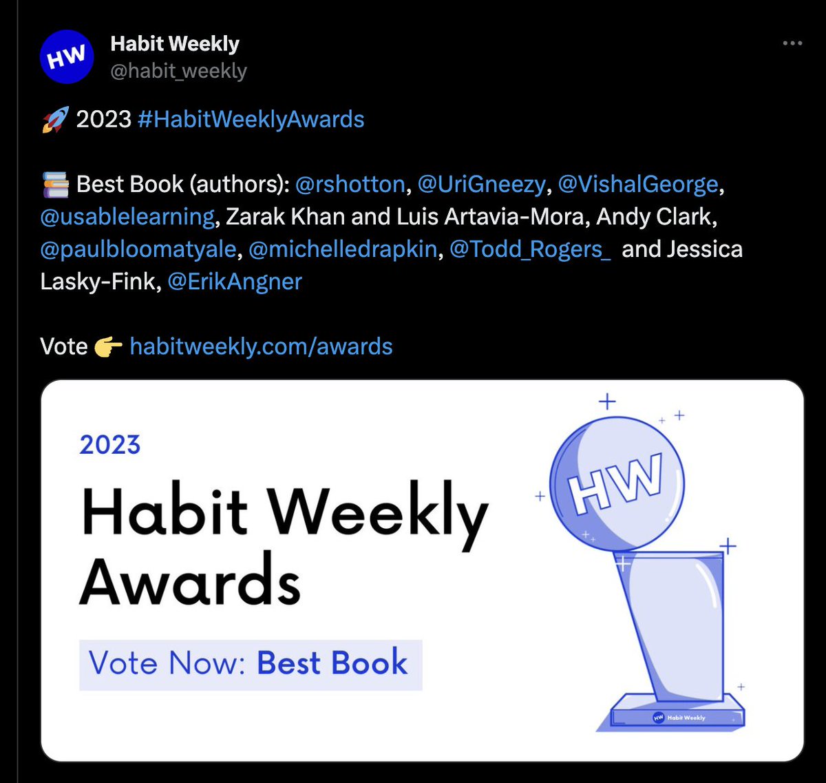 Dr. Michelle Drapkin, ABPP (CBT Center) (@michelledrapkin) on Twitter photo The fact that I wrote a book is un-freaking-believable. The fact that <a href="/habit_weekly/">Habit Weekly</a> thought it was worth enough to be a Best Book of the Year nom is BONKERS!
I took a screen cap for "pinch myself" moments.
Check it out - and vote - lots of awesomeness: habitweekly.com/awards The fact that I wrote a book is un-freaking-believable. The fact that <a href="/habit_weekly/">Habit Weekly</a> thought it was worth enough to be a Best Book of the Year nom is BONKERS!
I took a screen cap for "pinch myself" moments.
Check it out - and vote - lots of awesomeness: habitweekly.com/awards