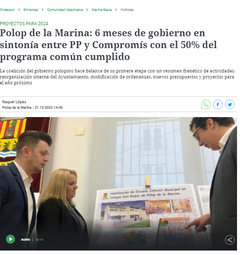 AjuntamentPolop's tweet photo. [val] Onda Cero: «Polop de la Marina: 6 mesos de govern en sintonia entre PP i Compromís amb el 50% del programa comú compliment».

https://t.co/Ro9hnBL4dv https://t.co/bWV7Tui7ss