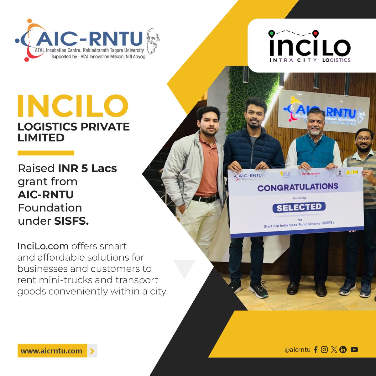 #fundingalert

@inciloIN raised INR 5 Lacs from @AicRntu under #SISFS
Founded by Mr. Akshat Shrivastava & Aman Malviya, it offers smart and affordable solutions for businesses and customers to rent mini-trucks and transport goods conveniently within a city.

@NITIAayog