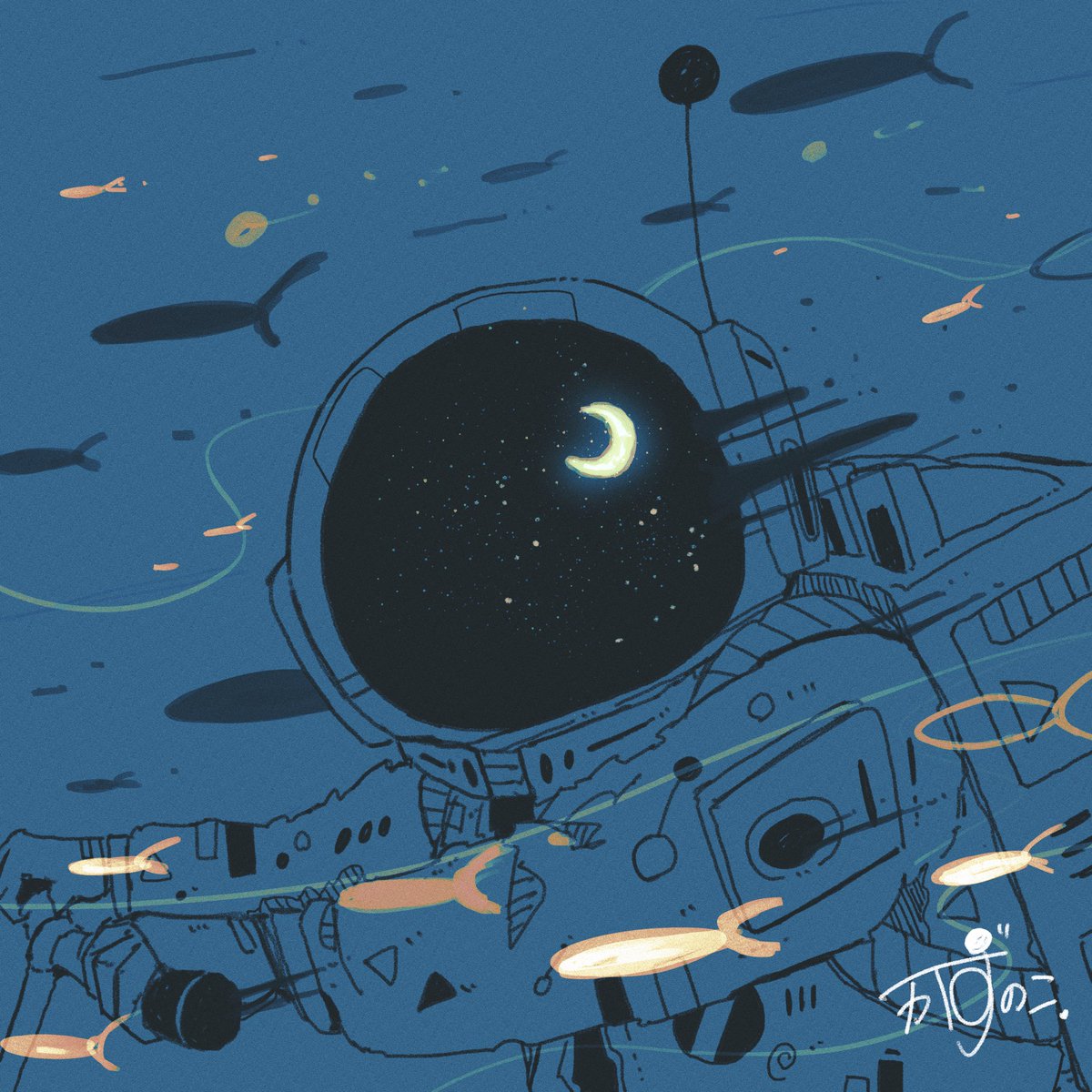 「自転車の帰り道、月がついてくる。#イラスト 」|かずのこのイラスト