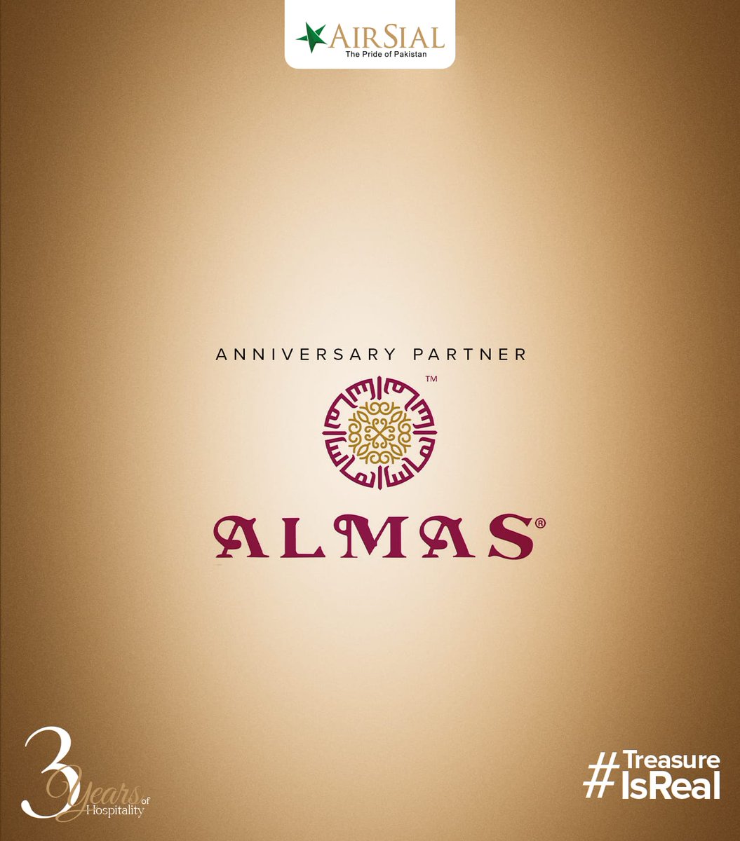 airsial's tweet photo. Shout out to Almas Collection Jewelers for being our Anniversary Partner!
#AirSial - The Pride of #Pakistan #PakistansMostHospitableAirline #3YearsofHospitality #treasureisreal https://t.co/uVBi0g7ysS