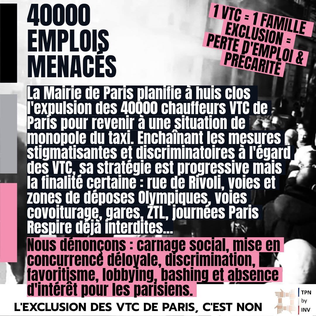 VTC_IDF's tweet photo. @Paris 40000 chauffeurs #VTC sont menacés d’expulsion de #Paris par @Anne_Hidalgo et @David_Belliard

Carnage social à venir !

#JO2024 #Paris2024 #JOP #discrimination #Favoritisme #exclusion #Précarité #lobbying #bashing #emploi #omerta https://t.co/zdDKcsgIDQ