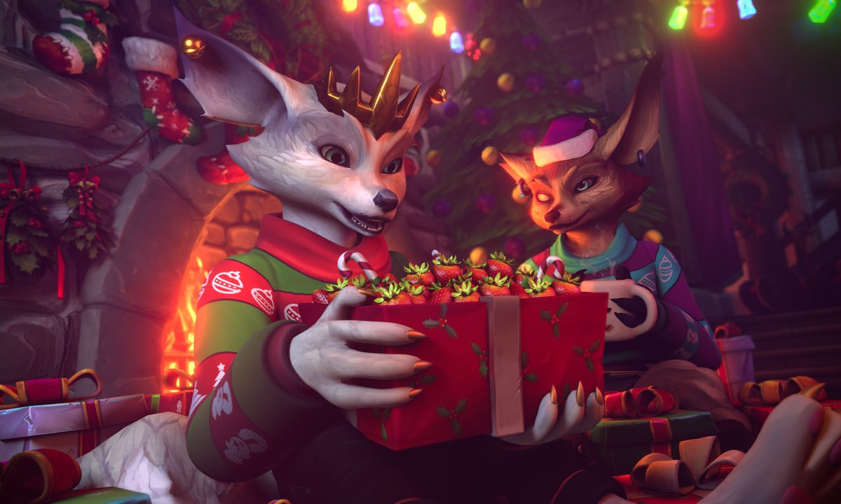 Our guild had a little Secret Santa event, and I was fortunate to be chosen to work on a scene for the wonderful (but sometimes very stinky) strawberry lover, Haru (<a href="/Ame8896/">Ame</a>), accompanied by caravan mother Kheena (<a href="/Voidpera/">Kheena - "Pawfessor Cinderclaw"</a>)!