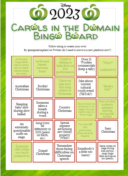 enigmaticephant's tweet photo. Bingo board update - I'm very surprised they let Santa speak this year! #CarolsintheDomain https://t.co/BXBf4mdxvG