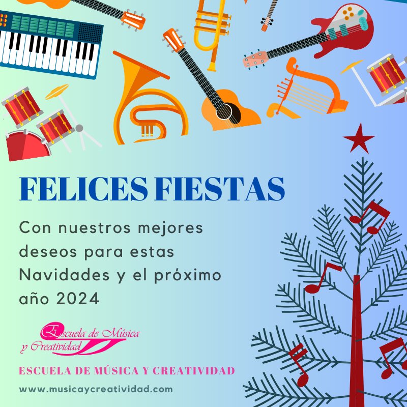musicaycreativ's tweet photo. La Escuela de Música y Creatividad os desea una Feliz Navidad y buena entrada al año 2024. #escuelademusicaycreatividad #toledo #musicaymovimiento #piano #guitarra #guitarraelectrica #guitarraflamenca #ukelele #bajo #violín #viola #bateria #canto #flauta #produccionmusical #combo https://t.co/GJyaIQI8QC