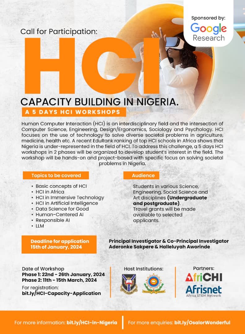 "🚀 Exciting News! HCI capacity building workshop is just around the corner! Let's make a positive impact in tec
Register here: bit.ly/HCI-Capacity-A…
Visit our website: bit.ly/HCI-in-Nigeria
For more enquiries: bit.ly/OsalorWonderful
 #HCIWorkshop #TechForGood <a href="/AfriCHI_Conf/">AfriCHI Conference</a>