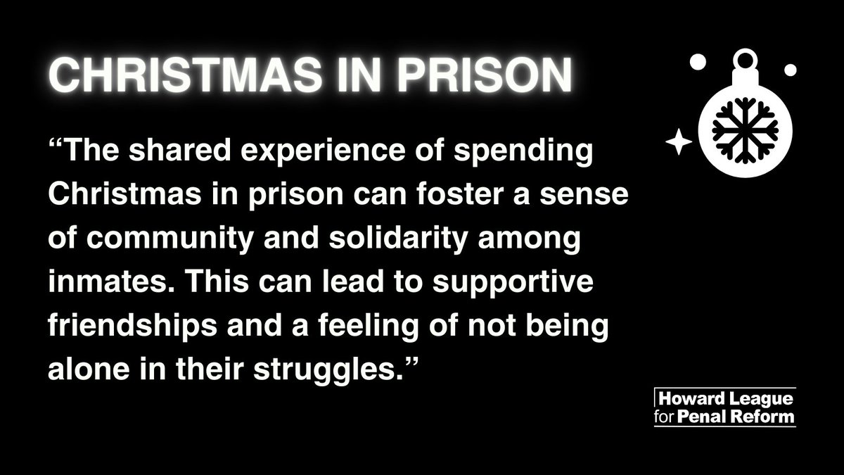 🎅 As we count down to Christmas, we think of those in prison. We spoke to three men about their memories of life inside at this time of year. 

Read our 'Christmas in prison' blogpost here: howardleague.org/blog/christmas…
#ChristmasInPrison #LiftTheLidOnPrisons