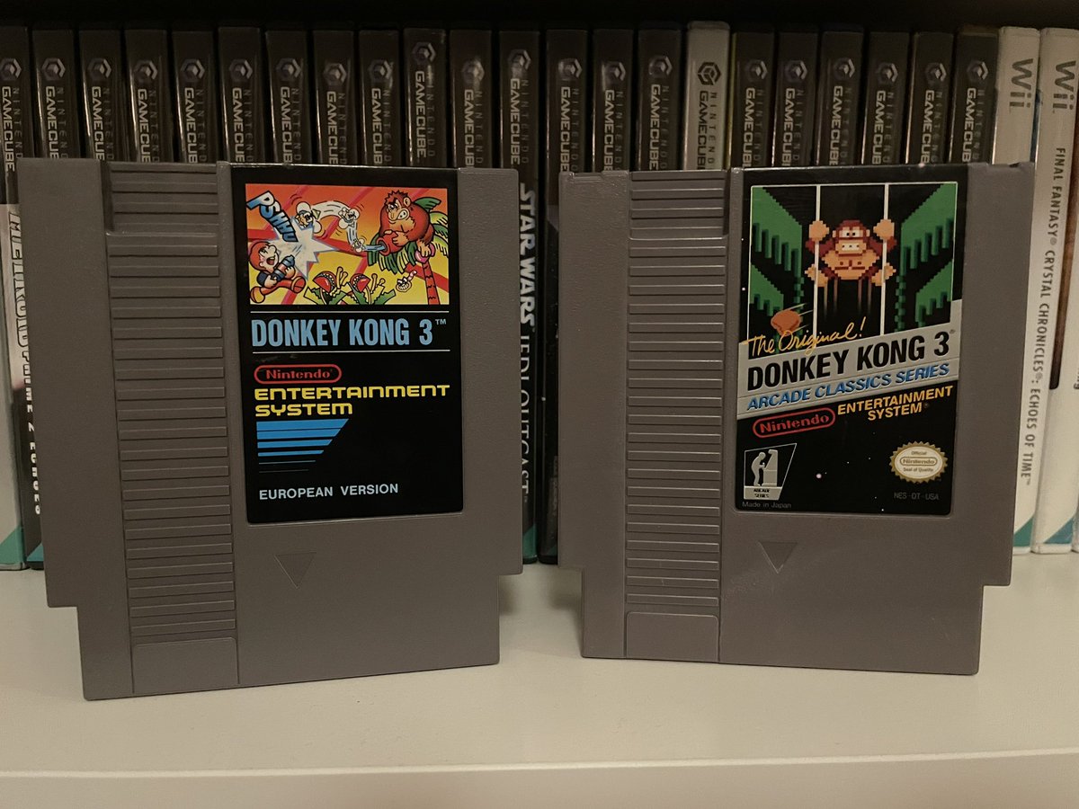 Retro_sheriffen's tweet photo. Hi everyone. I collect video game.
Here we have #donkeykong3 
One is for the us market and the other for the european market.
It is a shooter video game developed and published by Nintendo (nes) in 1986.
#nes #nintendo #donkeykong #retrogaming #collector #mario https://t.co/IuyCzmD8eP