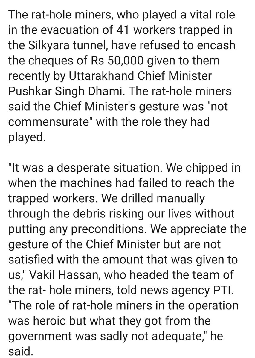 #DebBiz #breakingnews #Uttarkashitunnelrescue #Ratholeminers #uttarakhand 

Uttarkashi tunnel rescue: Rat-hole miners won't encash their cheques.