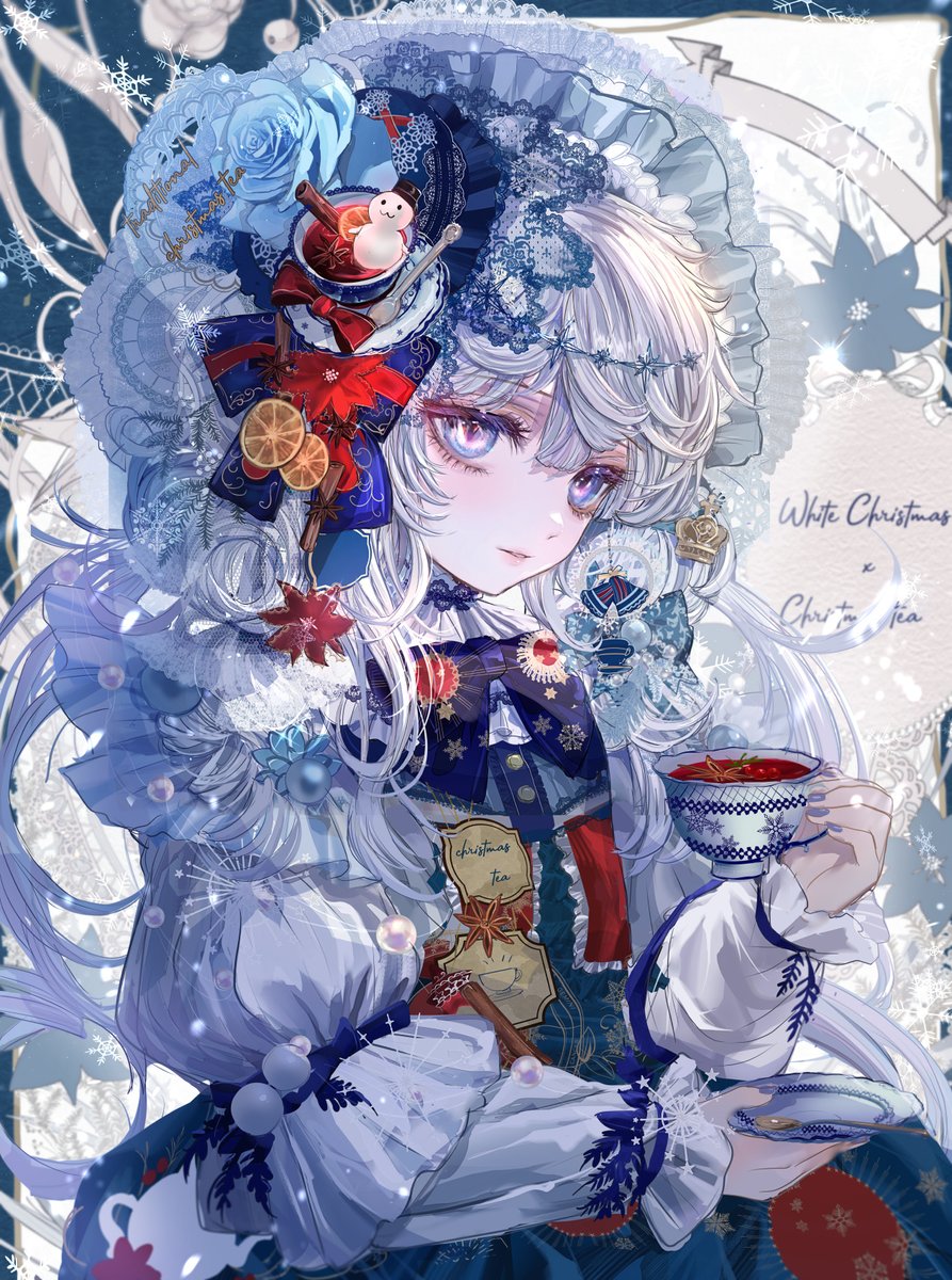 1girl cup solo flower white hair teacup holding cup  illustration images