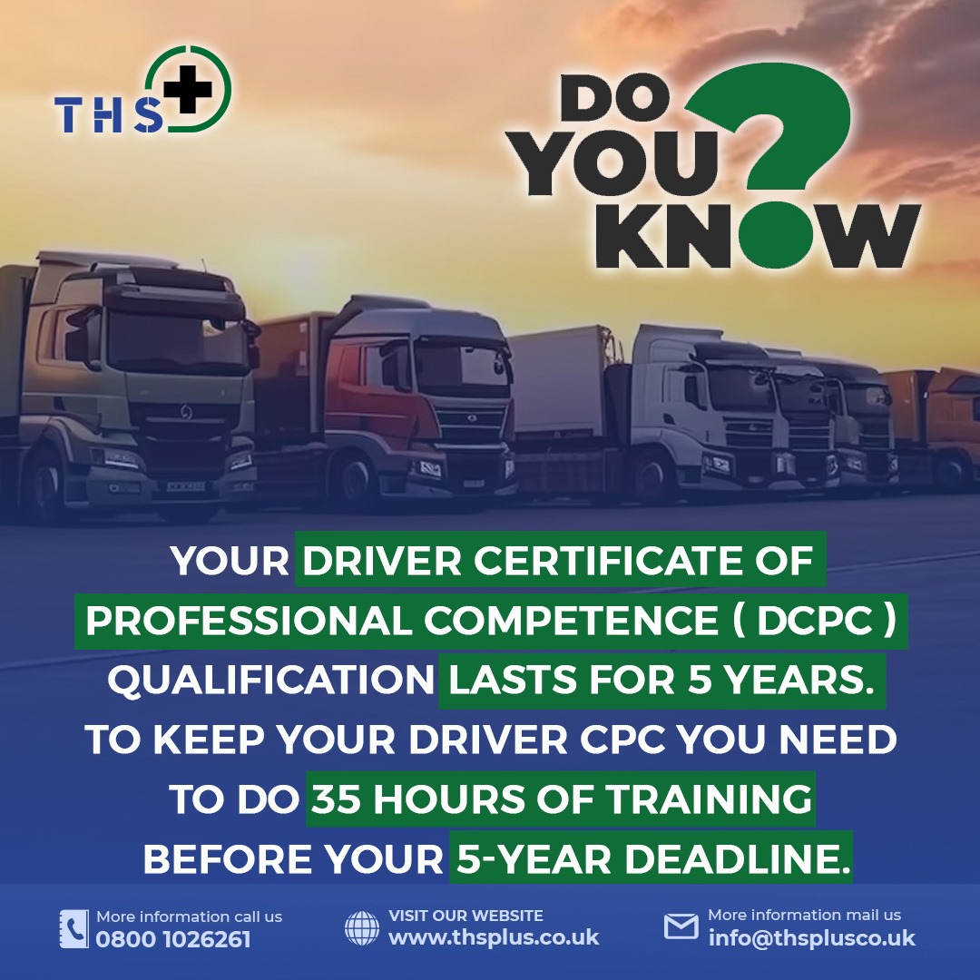 THSPlusUK's tweet image. 👉Do you know?
Your Driver Certificate of Professional Competence ( CPC ) qualification lasts for 5 years. To keep your Driver CPC you need to do 35 hours of training before your 5-year deadline.
📌thsplus.co.uk
#TMCPC #CPC #TransportManagerRefresher #Transportation