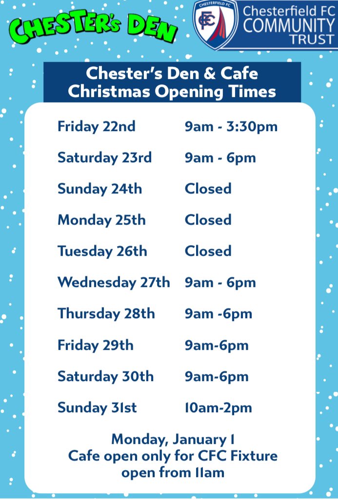 Chesters_Den's tweet photo. Here’s our Christmas and new years opening times. Why not come down and see during the holiday season 🎄🎅 https://t.co/1tn1s4tOke