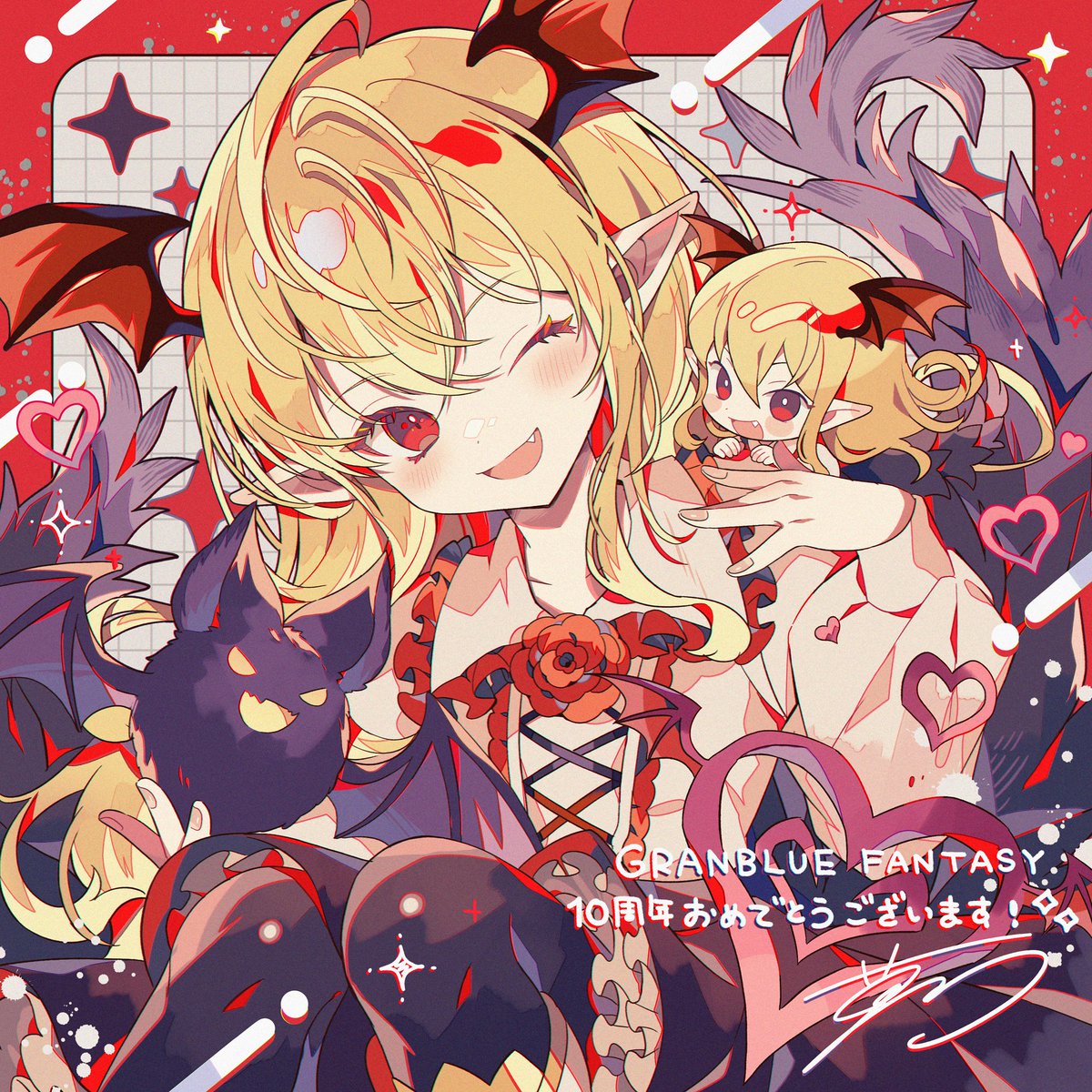 vampy blonde hair head wings one eye closed red eyes fang pointy ears long hair  illustration images