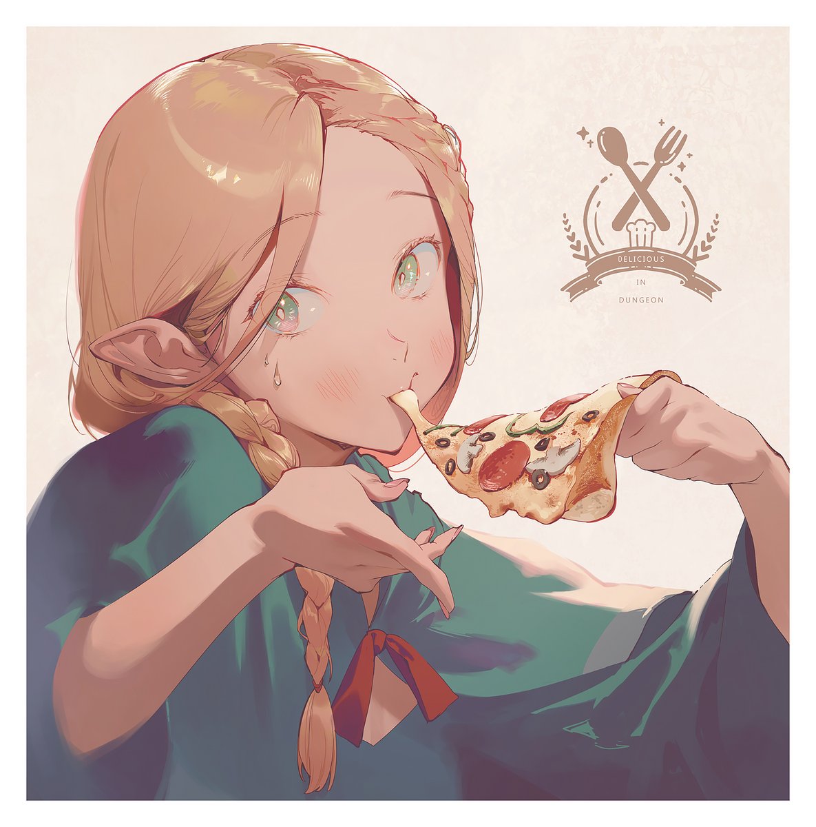 marcille donato elf 1girl braid pointy ears pizza food eating  illustration images