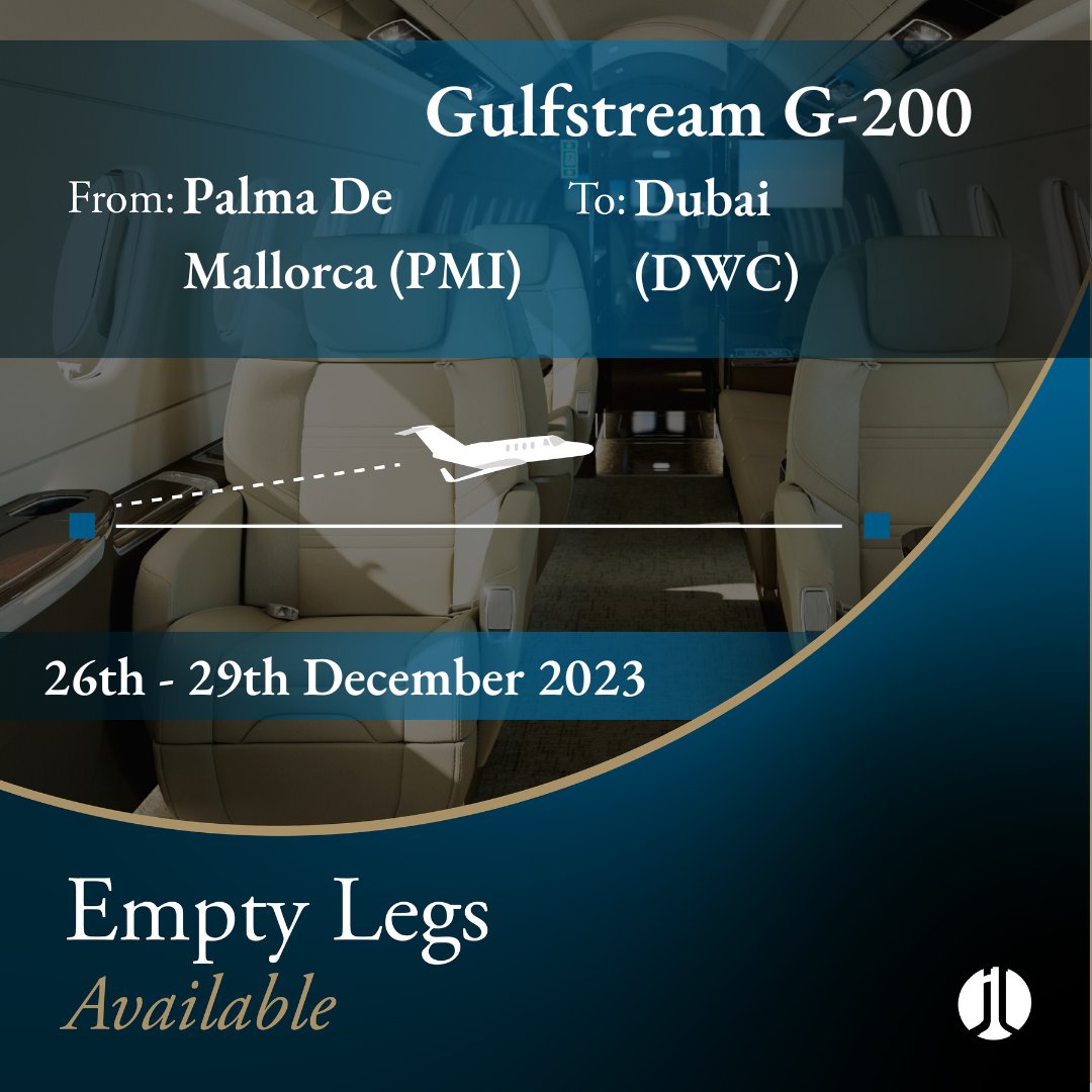 jetlogic's tweet image. EMPTY LEG ALERT. #PalmaDeMallorca &amp;gt;&amp;gt;&amp;gt; #Dubai. 26th - 29th December 2023. 8 pax. 

Contact @jetlogic to discuss your charter requirements. 

&amp;gt; +44 131 478 0802
&amp;gt; jlcharter@jetlogic.com

#FlyJetlogic #EmptyLeg #PrivateJet