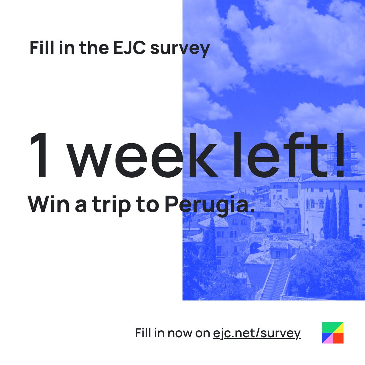 ⏳ Only ONE WEEK left! Grab the opportunity to shape the narrative and WIN a trip to the International Journalism Festival 2024 in Perugia. 🎁✈️ ✍️ Act now! Complete the #survey before it's too late: buff.ly/3SBmOrM