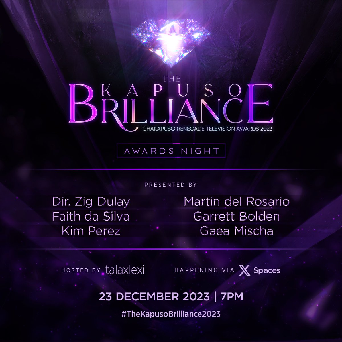 KapusoCrave's tweet photo. It's a star-studded night as we are joined by some of the brightest Kapuso stars and director in the celebration of Kapuso excellence!

Catch Direk Zig Dulay, Martin del Rosario (@mart_drosario), Faith da Silva (@iamfaithdasilva), Garrett Bolden (@GarrettBoldenjr), Kim Perez (@mrkimperez) and Gaea Mischa at #TheKapusoBrilliance2023 💜💎