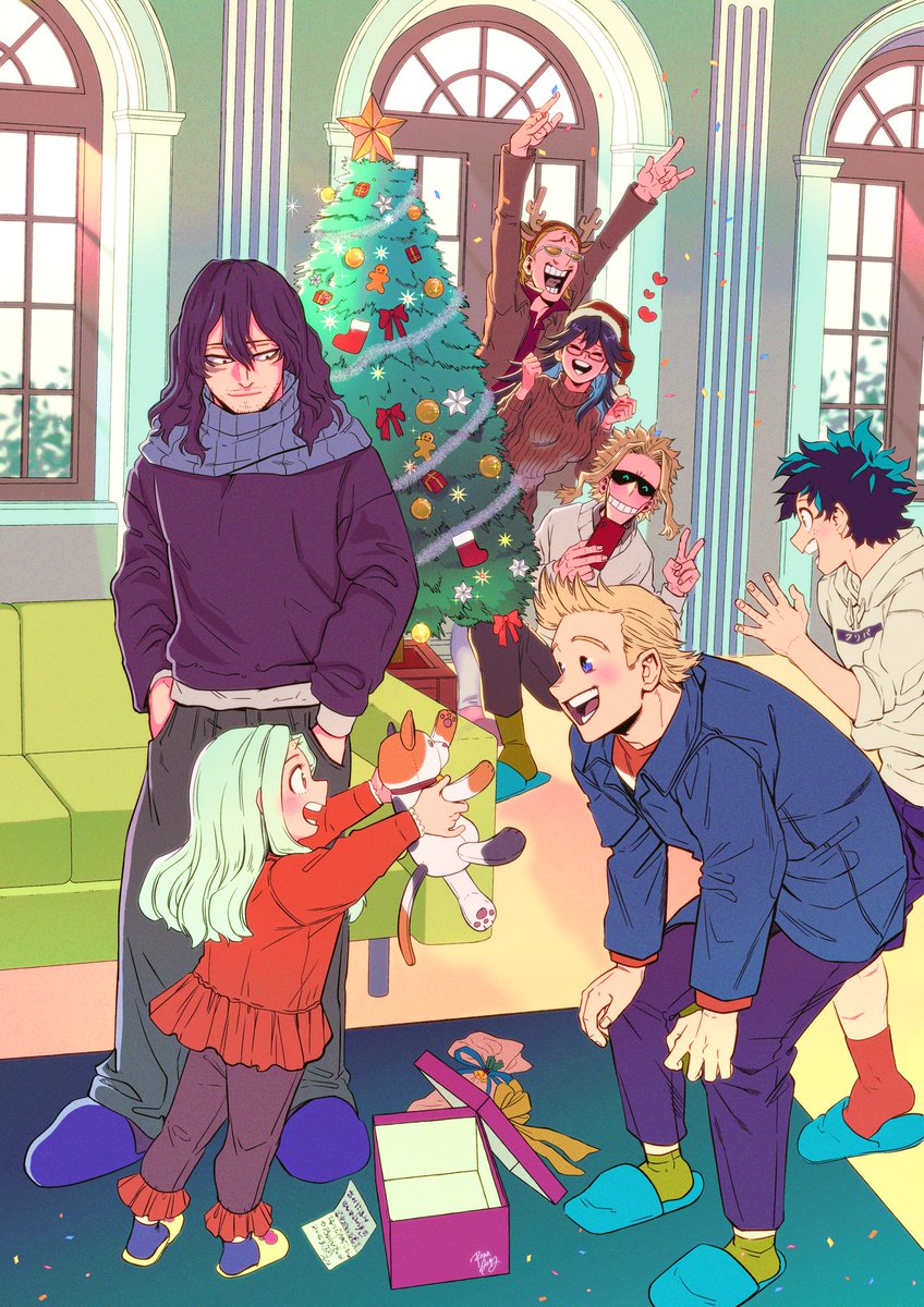 midoriya izuku blonde hair smile multiple girls gift multiple boys christmas tree christmas  illustration images