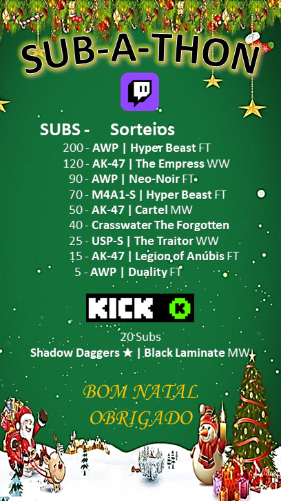 GreenLegendTV's tweet photo. 🎄Live Especial de NATAL ON🎄

Venha participar conosco num Dia que esperamos ser Muito Especial. 
Participe do SUB-A-THON e estaremos Sorteando todas as skins representadas e muitas mais (+ de $400).

Para Participar: 
✅Segue-me
✅RT
✅Marca 2 Amigos
✅Estar na Live

Patrocinadores:
@botcelli_
@CSGOnet_case
@insane__eng
@CSkinStore
@wartexESPORTS

https://t.co/zIJSCoBnlL
ou em,  
https://t.co/lL0aeH9mxp

ZIIIIMBORAAA... Ho...Ho...Ho...
#cs2 #CSGOGiveaway #sorteios #cs2moments #trevo #csgonet #insane #cskinstore #wartex #csgoskins #CS2Giveaway #natal #twitch #kick