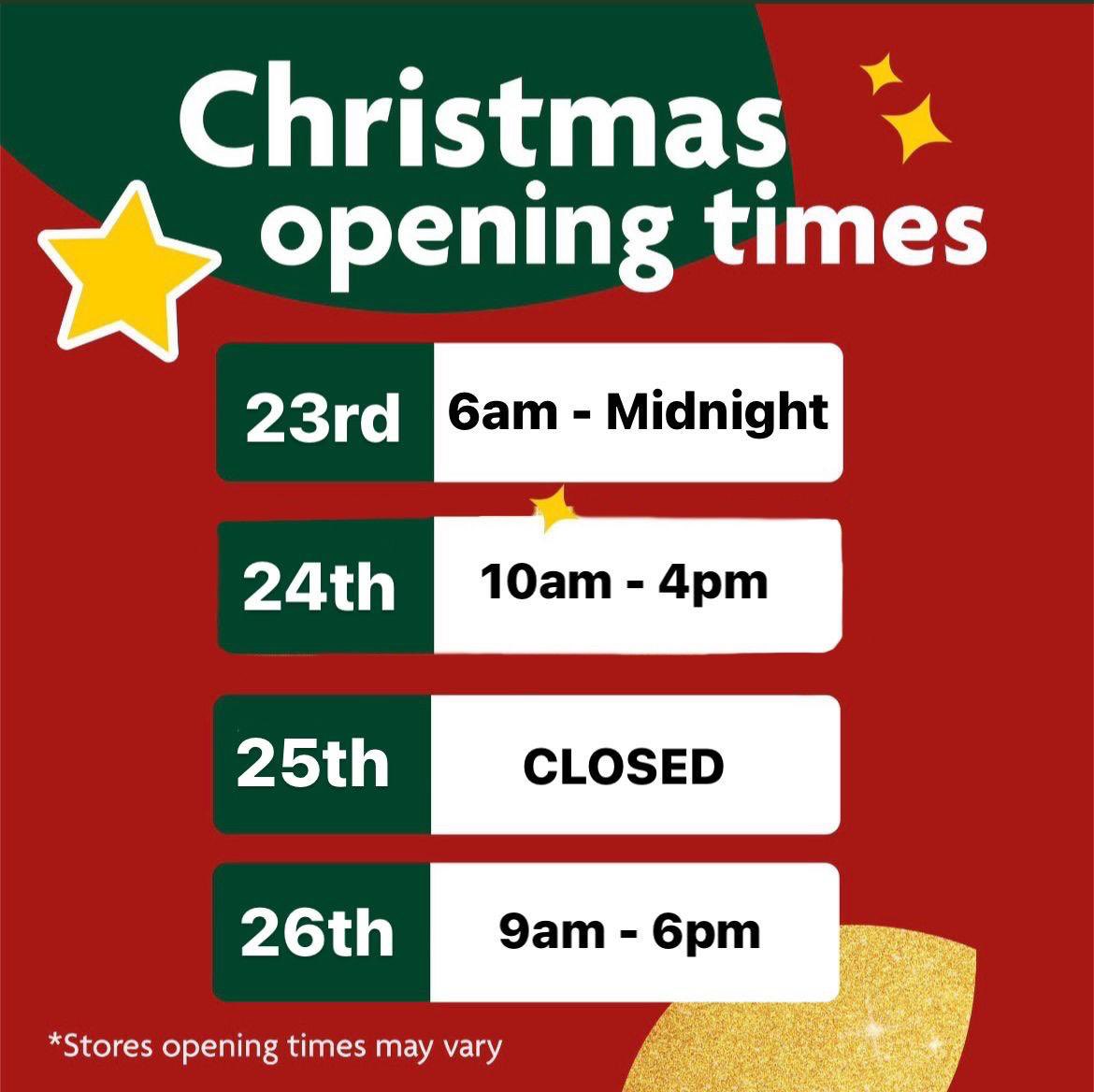 🎄Our Christmas opening times 🎄We are open till midnight tonight to help you stock up on your festive favourites. #MoreReasons