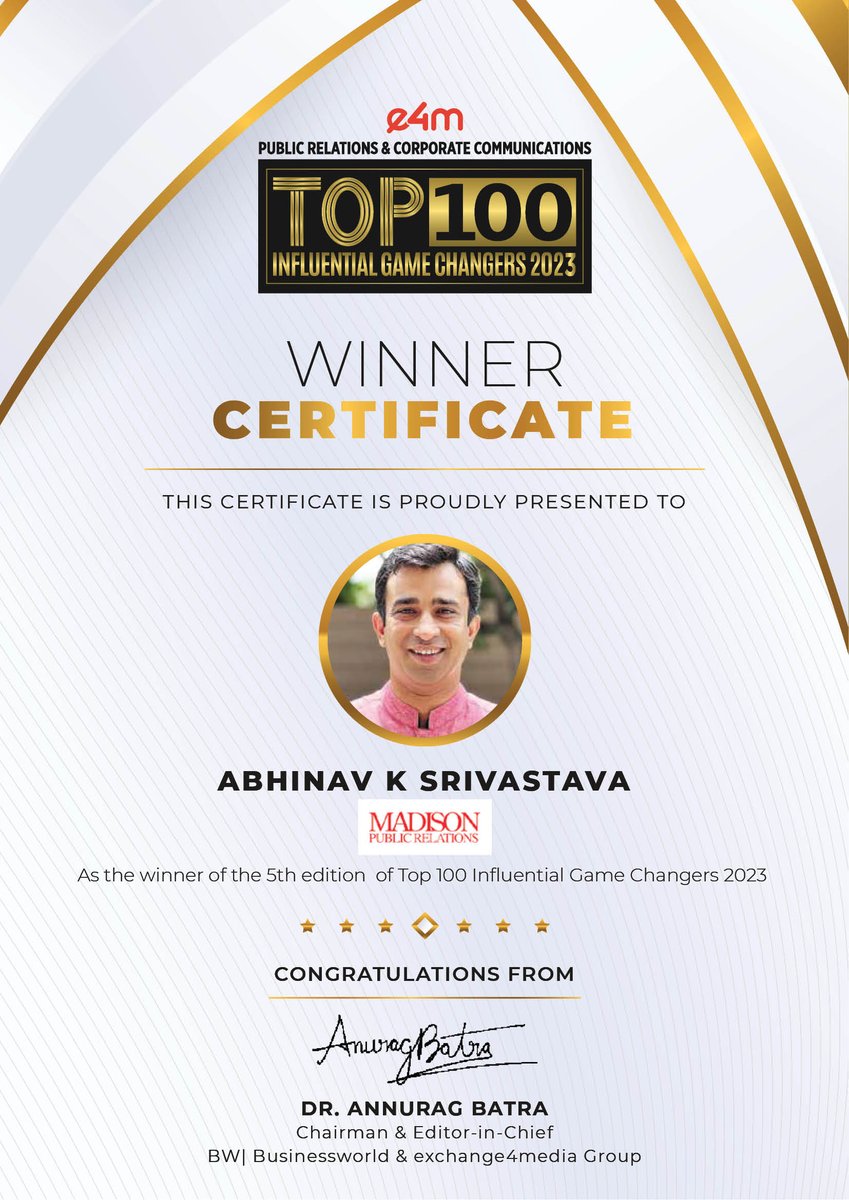 Our heartiest congratulations to @nituabhinav from @MadisonWorldIND for being featured in the e4m PR and Corp Comm Top 100 Influential Game Changers list 2023 ! @anuragbatrayo | @nawalahuja | @karanbhatias #e4mprtop100influentialgamechangers #e4mevents #PRCorpComm