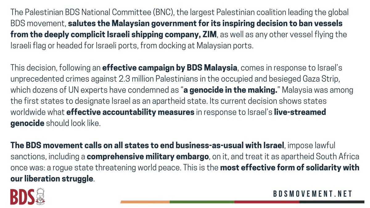 The #BDS movement applauds Malaysia's bold decision to ban Israeli shipping co. ZIM and vessels with Israeli flags from its ports. This response to Israel's ongoing #GazaGenocide against 2.3 million Palestinians in Gaza sets a powerful example of holding Israel to account.