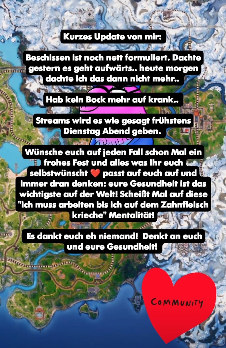 Denkt in erster Linie an euch und nicht an das Unternehmen! Eure Gesundheit gibt euch niemand zurück! #community #CommunityLove #twitch #TwitchDE #fortnite #battleroyale
