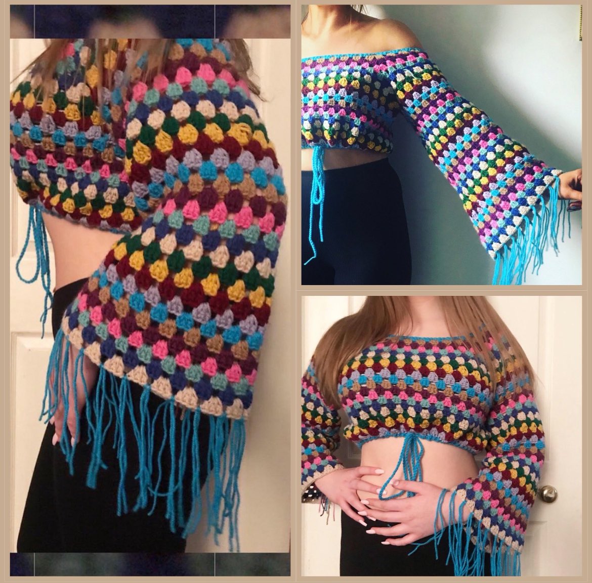 I loved crocheting this bell sleeved cropped top☺️ I love creating colourful crochet festival hippy wear 🌈 My girl wants a plain black one 🙄🖤 🤣✌🏻 dwcrochetpatterns.etsy.com #MHHSBD #craftbizparty #UKGiftHour #smartsocial #planahead