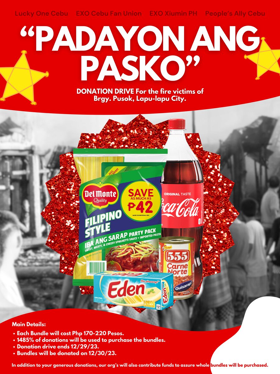 exocebufanunion's tweet photo. ⭐"PADAYON ANG PASKO"⭐

Cebu Eris! Brgy Pusok was hit by a tragic fire last December 12 and left over 1,300 families displaced, without homes, and no food. We're knocking on your kind hearts to help us raise funds to bring them some happiness this holiday season! 🥰 https://t.co/Hi8Dn8enHL