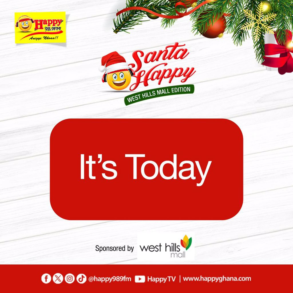 HAPPY989FM's tweet photo. It's today πππππ―π
Come on, join us as we entertain ourselves with exciting performances and discount prices at the #SantaHappy West Hills Mall edition.
Let's spread the love of the festive season ππ
#WestHillsMall #MerryChristmas #HappyNewYear #HappyGhana https://t.co/kPTXsmWIgz