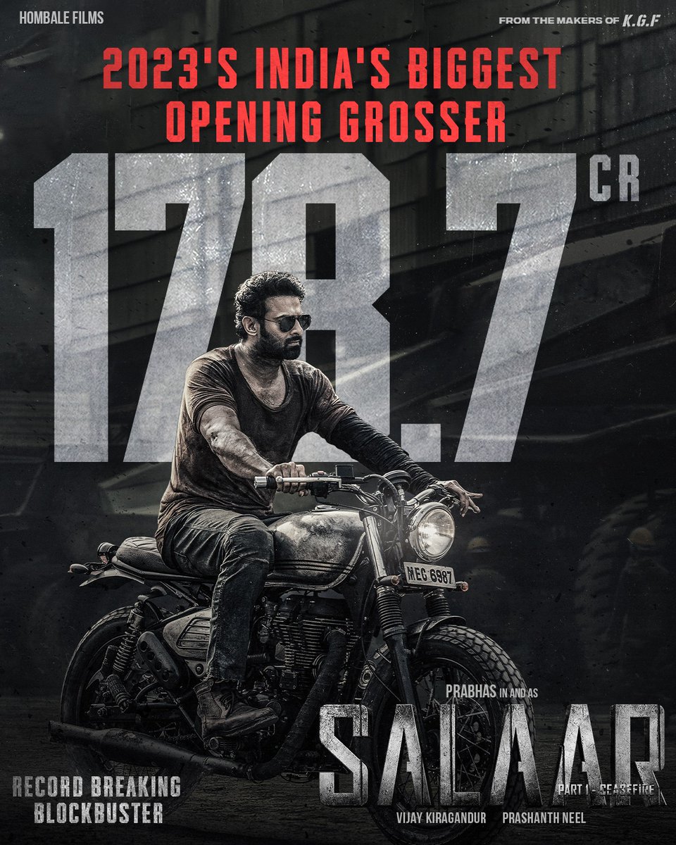 TrendsPrabhas's tweet photo. Three way clash in Overseas and Two way clash in Hindi, despite all these odds #Salaar Opened near 178.7cr for Day 1. 
SYNONYM OF STARDOM - Rebelstar #Prabhas 👑

#SalaarRulingBoxOffice #SalaarBlockbuster https://t.co/8oj4dFnIJ1