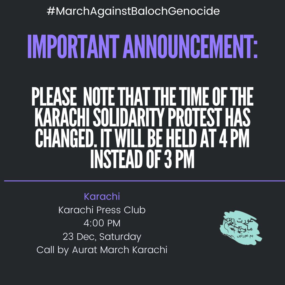 mehrubawan's tweet photo. #MarchAgainstBalochGenocide

Dear friends in Karachi, this is a reminder to show up at 4PM outside Karachi Press Club today to extend solidarity with the Baloch Yakjehti March. It's just 50 minutes from now.

See you there!

Naaray Naaray Naaray Baloch
Jiye Jiye Jiye Baloch https://t.co/MVbUYafvuo