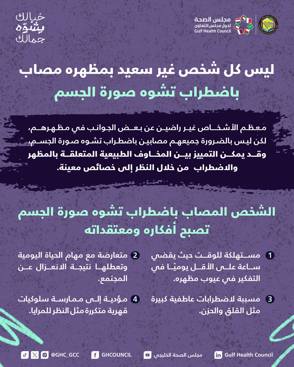 GHC_GCC's tweet photo. إذا كنت غير راضي عن بعض الجوانب في مظهرك ! 
ليس بالضرورة أنك مصاب باضطراب تشوه صورة الجسم ..  

 #خيالك_يشوه_جمالك 
#مجلس_الصحه_الخليجي https://t.co/A8drXaYpWX