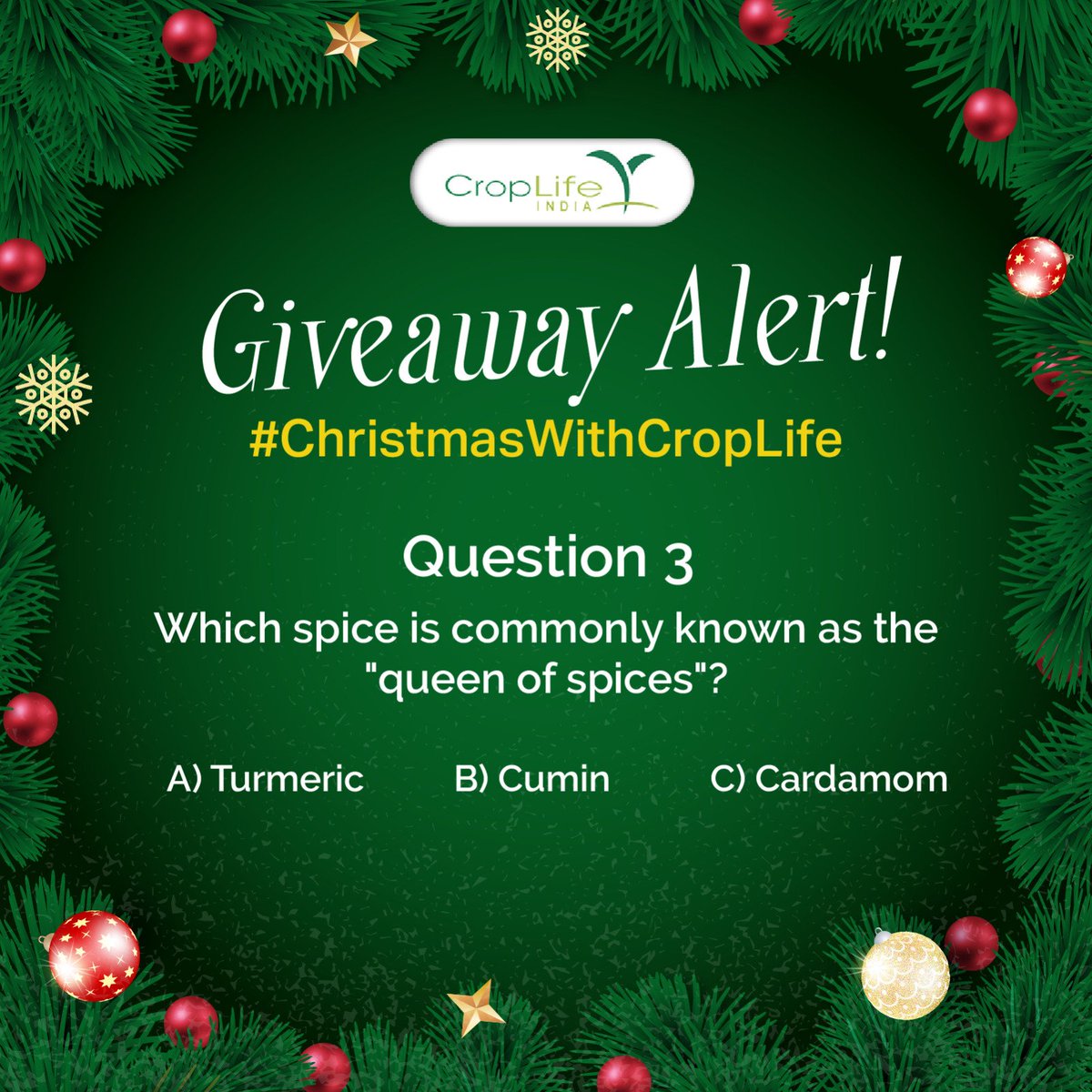 CropLifeIndia's tweet photo. #3rdquestion of #ChristmasWithCropLife contest is here. Answer and get a chance to win exciting #prizes.
Follow CropLife India on all social media platforms and give the correct answer in the comments and tag 3 of your friends in it. https://t.co/4s4xg9a3tg