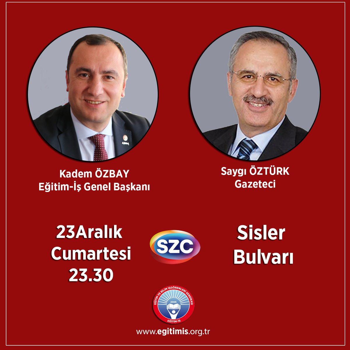 Genel Başkanımız Kadem Özbay, 🗓️ bu akşam (23 Aralık Cumartesi) ⏰ saat 23.30'da 📺 Sözcü Televizyonunda yayınlanacak Sisler bulvarı programında Saygı Öztürk'ün canlı yayın konuğu olacaktır. @kademozbay_ @szctelevizyon @saygi_ozturk