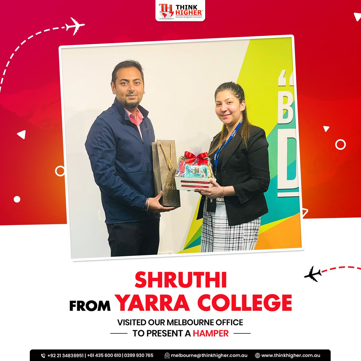 Grateful for Shruthi's visit from Yarra College to our Melbourne branch, spreading joy with a heartwarming hamper. #CommunityConnections #YarraCollege #MelbourneMoments #collaboration #australianstudies #education #migration #australiacollege #thinkhigher #thinkhigherconsultants