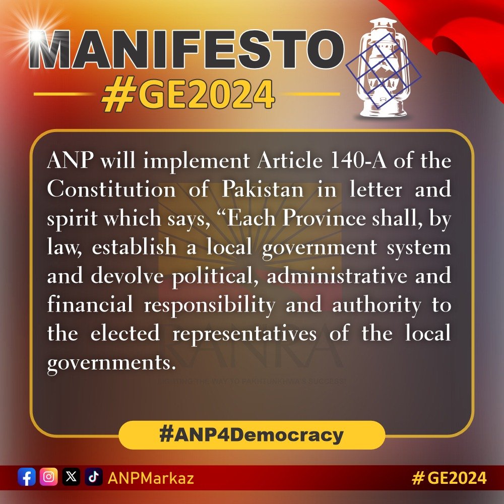 SamarHBilour's tweet photo. ANP will implement Article 140-A, which says, "Each Province shall, by law, establish a local government system and devolve political, administrative and financial responsibility and authority to the elected representatives of the local governments"
#ANP4Democracy https://t.co/7p1ypV55qx